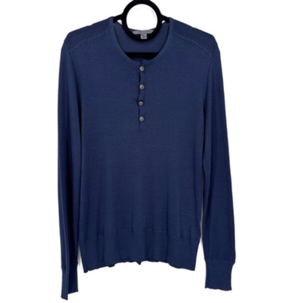 John Varvatos Artisan Silk Henley Sweater Mens Medium Blue Metal Button Crew